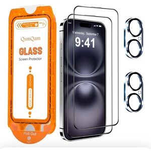 QsmQam for iPhone 16 Screen Protector + Camera Lens Protector, Shatterproof